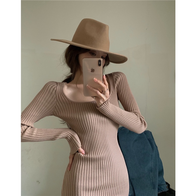 DUNEA Đầm Dệt Kim Tay Dài Cổ Vuông Thời Trang Xinh Xắn Cho Nữ