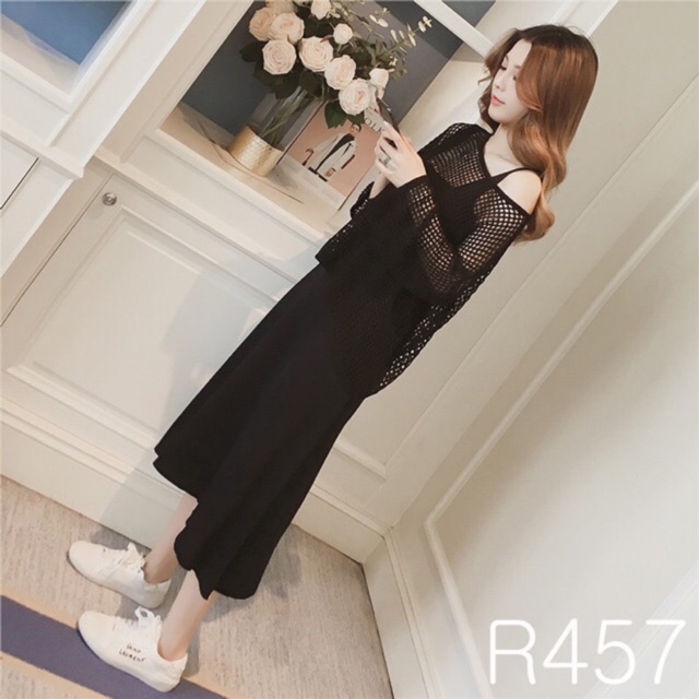Set đầm maxi suông + áo lưới