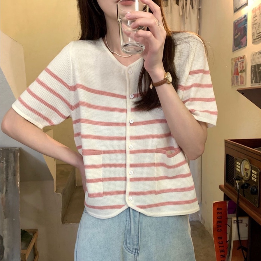 Áo cardigan dệt kim ZHELIHANGFEI tay ngắn cổ tròn họa tiết sọc đơn giản dễ thương