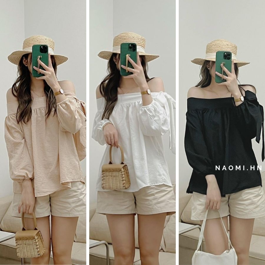 Áo trễ vai sang chảnh cho nàng dịu dàng phối buộc nơ vai. Áo kiểu nữ trễ vai chất đũi mát 3 màu HOTHIT.