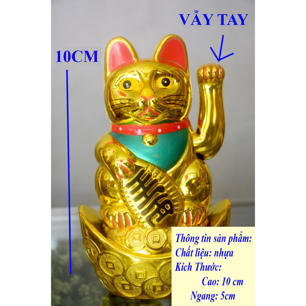 Mèo Thần Tài ngồi thỏi vàng vẫy khách chạy pin