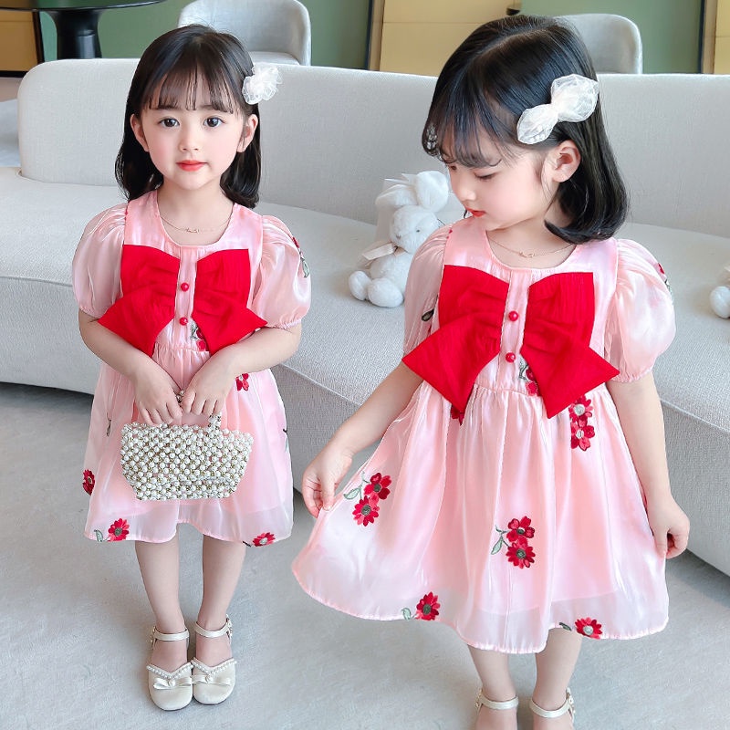 Đầm Tay Phồng Ngắn Thêu Họa Tiết Thắt Nơ Thời Trang Mùa Hè Hàn Quốc Mới Cho Bé Gái 2022