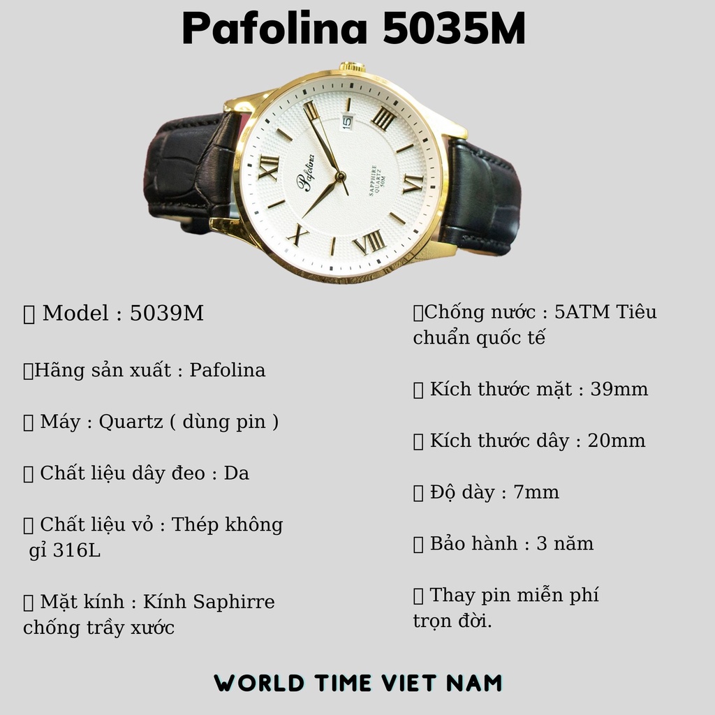 Đồng Hồ Nam Pafolina 5035M dây da Chính Hãng Full Box , Kính Sapphire Chống Xước - Chống Nước 5ATM - Bảo hành 3 năm