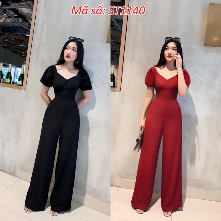 ➡️#ST1140 Jumpsuit đồ bay dài ống suông cổ tim tay bo thun xinh xắn