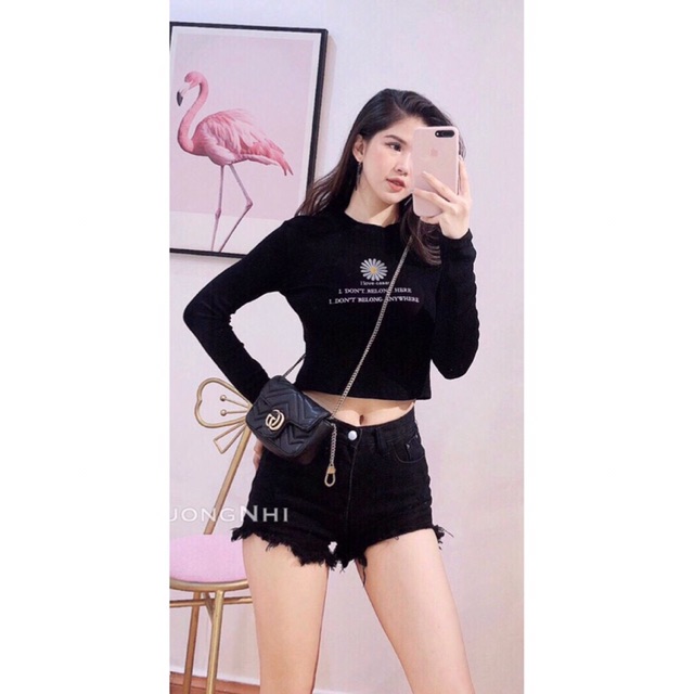 Áo thun lụa thêu bông cúc, Áo croptop dài tay nữ - Colory shop