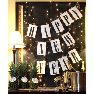 Dây cờ chúc mừng năm mới Happy New Year Trắng Phối Đen dcny06