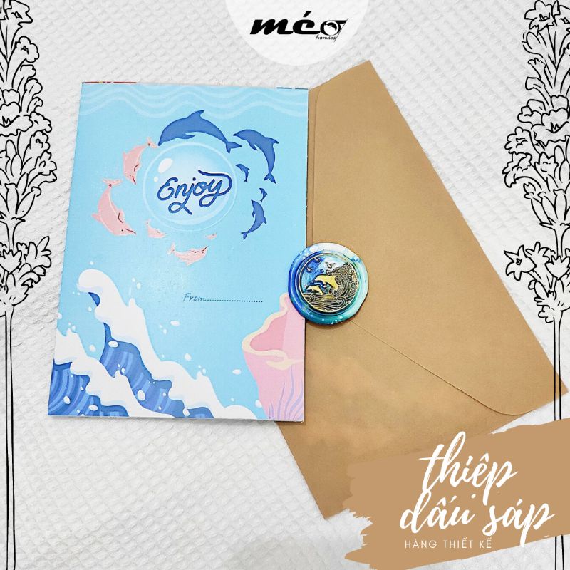 THIỆP dấu sáp hàng thiết kế BIỂN XANH kèm phong thư Kraft kiểu Vintage làm quà tặng, thư mời cá heo xanh dễ thương
