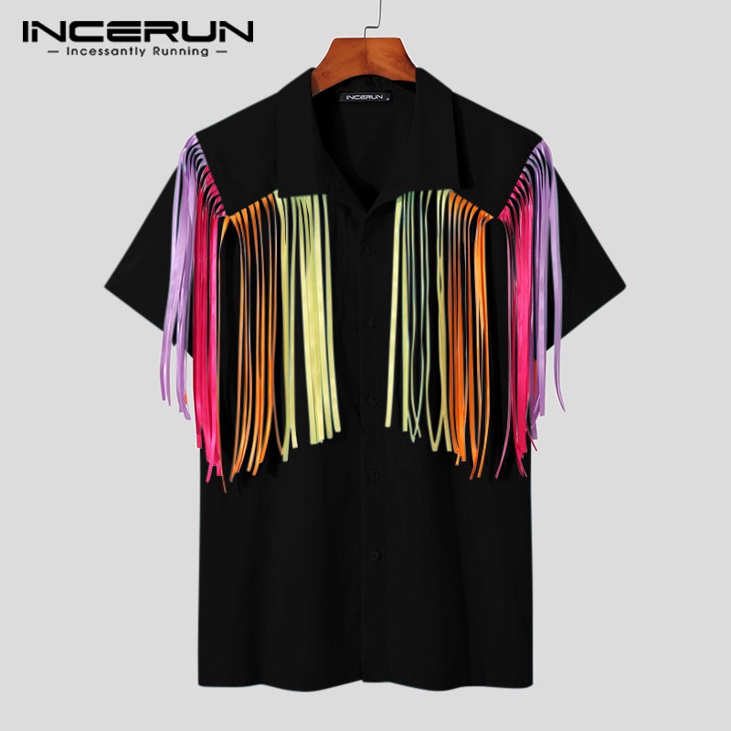Áo sơ mi INCERUN ngắn tay tua rua nhiều màu thời trang cho nam
