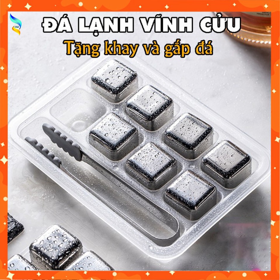 Đá INOX304 Lạnh Vĩnh Cửu - Cooling Cubes 8 viên SSGP + Kèm Kẹp( Bạc ) - Làm Lạnh Đồ Uống Không Gây Loãng Hương Vị