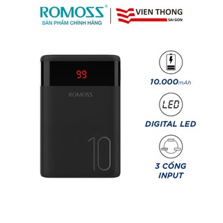 Pin sạc dự phòng Romoss Ares 10 10.000mAh màn hình LED hỗ trợ 3 cổng input Micro - Lightning - Type C