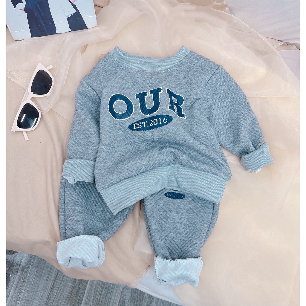 Bộ thu đông bé trai, bộ nỉ xốp hàn hình dập nổi OUR dáng Hàn Quốc cho bé