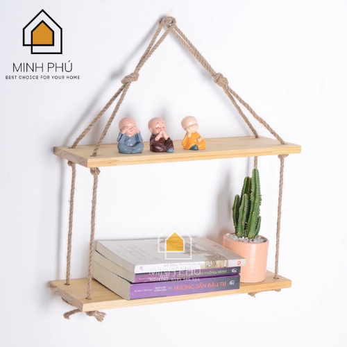 Kệ Gỗ Treo Tường,Kệ Trang Trí 2 Thanh Bằng Gỗ Tự Nhiên Kèm Dây Treo Xinh Xắn