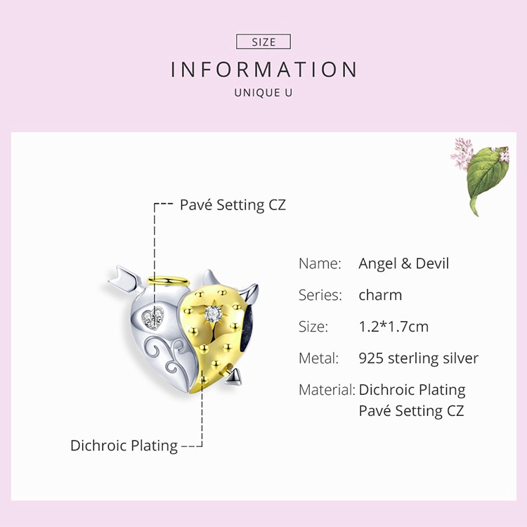 Charm Bamoer bsc107 bạc 925 hình trái tim thiên thần và ác quỷ trang trí vòng tay cho nữ