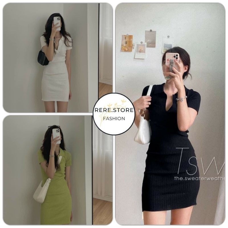 Váy Thun Tăm Cộc Tay Dáng Ôm Cổ V Nữ - Rere.Store [FREESHIP] - Đầm body dáng ngắn tay lỡ cổ tim kiểu dáng basic, gợi cảm