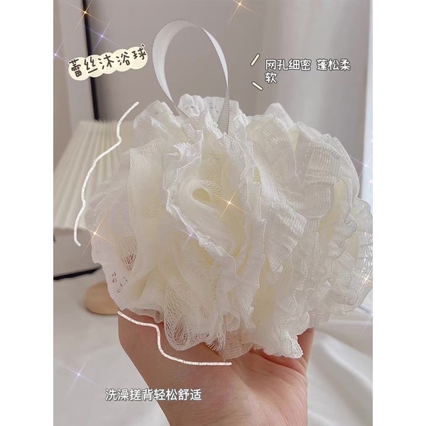 Bông tắm tròn mềm mịn siêu tạo bọt Hàn Quốc vải lưới phối REN, massage da tẩy tế bào chết cao cấp có quai treo tiện lợi