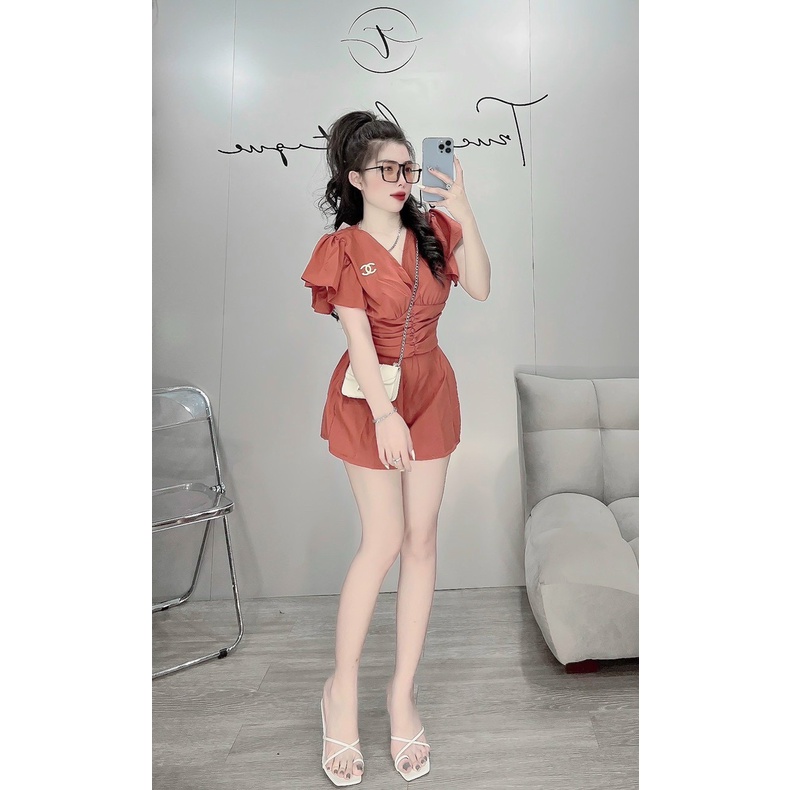 Sét áo croptop tay bèo  phối quần short chất lụa freesize dưới 55kg- ringu shop