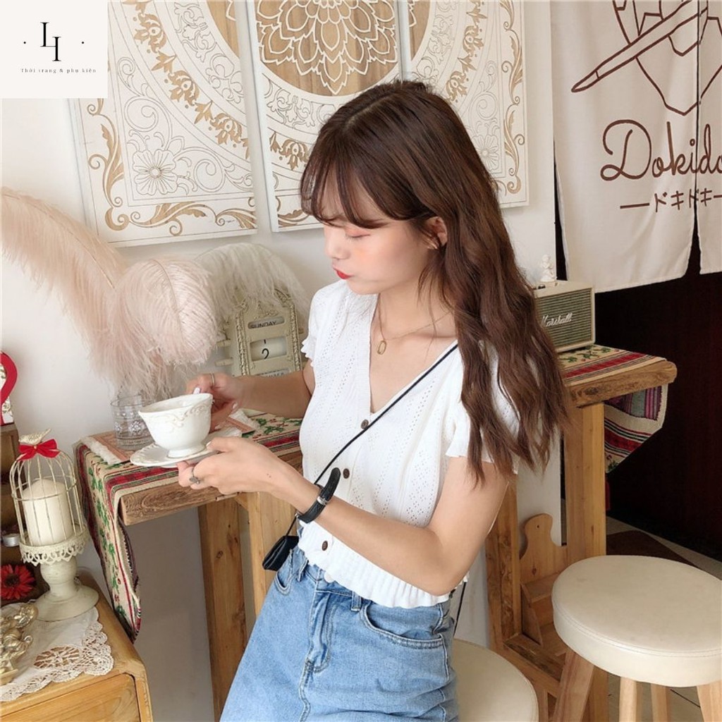Áo croptop nữ kiểu cardigan dệt kim  tay ngắn cổ tim chữ V dáng ôm body  phong cách Hàn Quốc cá tính Liao shop | BigBuy360 - bigbuy360.vn