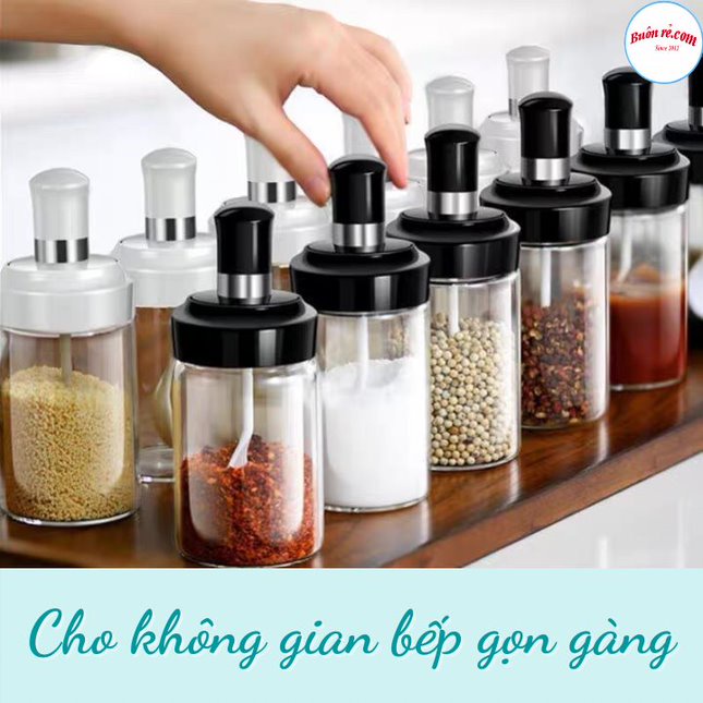 Lọ đựng gia vị có thìa, hủ đựng gia vị bằng thủy tinh cao cấp kèm muỗng chống ẩm -01477