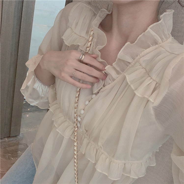 Áo Voan Dài Tay Với Thiết Kế Cổ Chữ V Xinh Xắn Dành Cho Nữ