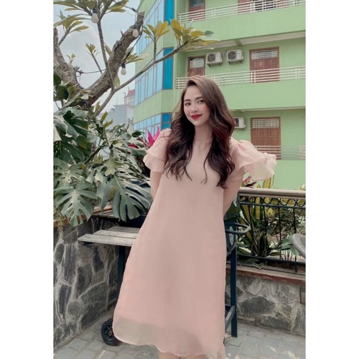 Váy bầu voan xinh xinh,Đầm bầu công sở, dự tiệc, voan hồng 2 lớp sang trọng, tay phồng 2 tầngFREESHIP