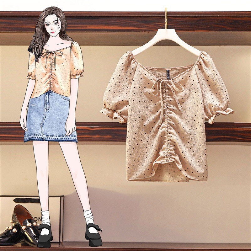 áo sơ mi kiểu big size vải dập chấm bi rút dây ngực tay phồng size 70-100kg