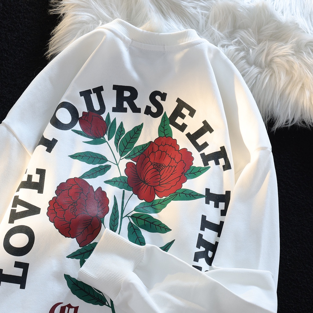 ZHELIHANGFEI Áo Hoodie Tay Dài Cổ Tròn Dáng Rộng In Hình Hoa Hồng Dễ Thương