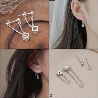 Bông Tai Bi Nụ Phối Xích Dài, Hinh Khối Lập Phương Phối Đá Rubik Cực Xinh - Khuyên Tai Bạc Ý S925 [TS000085]