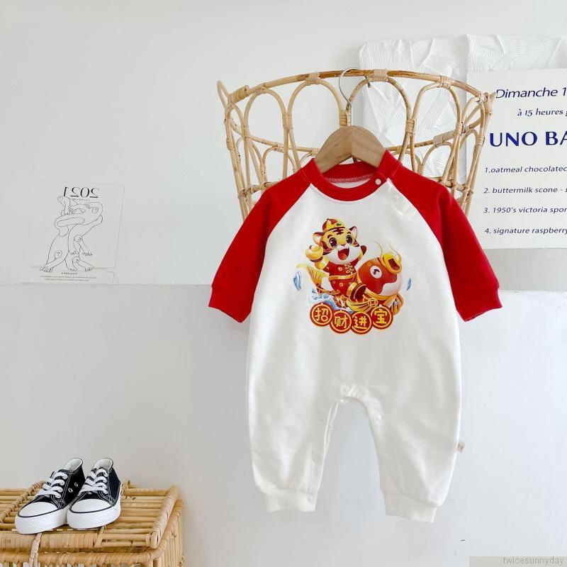 Bộ áo liền quần tay dài in hình hổ hoạt hình dành cho trẻ sơ sinh nam nữ