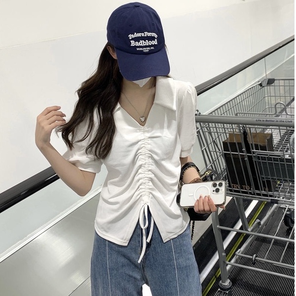 Áo Thun Tay Phồng Ngắn Cổ Chữ V Dáng Rộng Phối Dây Rút Thời Trang Mùa Hè Cho Nữ