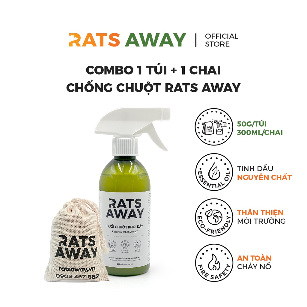 Combo mini: Chai xịt 300ml + Túi treo chống chuột RATS AWAY