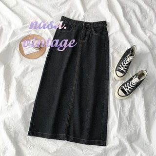 [Sẵn M]🌿 Chân váy jean đen dáng dài xẻ vạt sau ulzzang 🔥