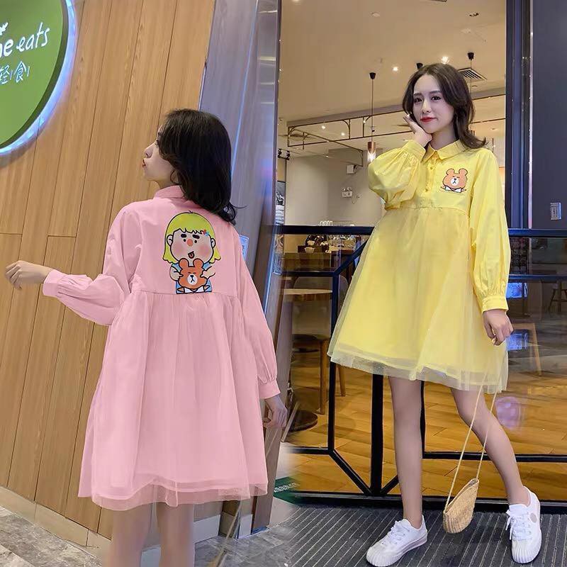 Đầm baby doll lưới 2 mảnh hoạt hình cổ áo sơ mi polo tay dài ulzzang ( 2 màu )