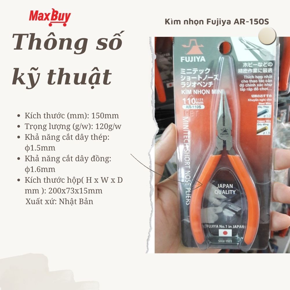 Kìm cắt mũi nhọn Fujiya AR-150S, dụng cụ kìm Nhật, chịu nhiệt cao, cách điện tốt