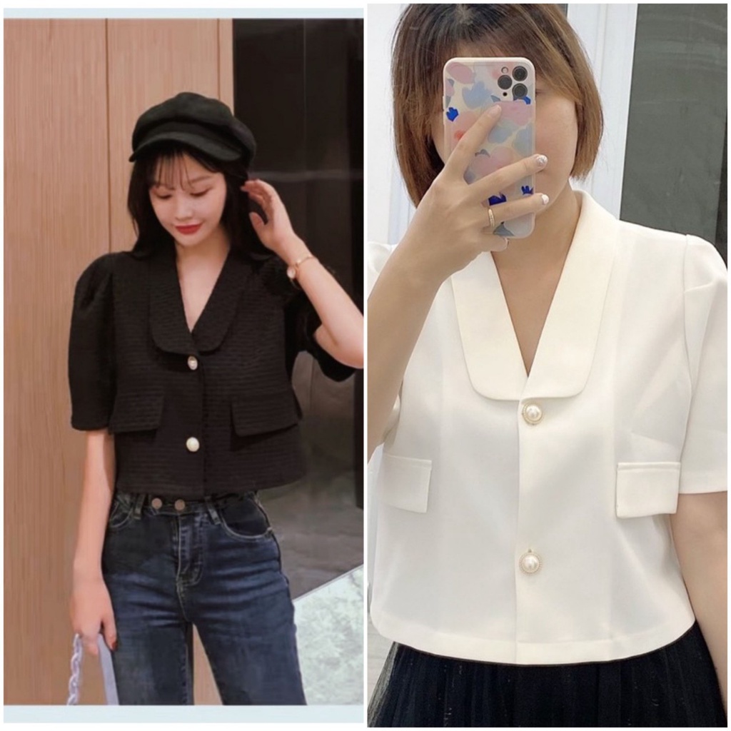 Áo croptop dáng suông cộc tay 2 khuy ngọc sang chảnh
