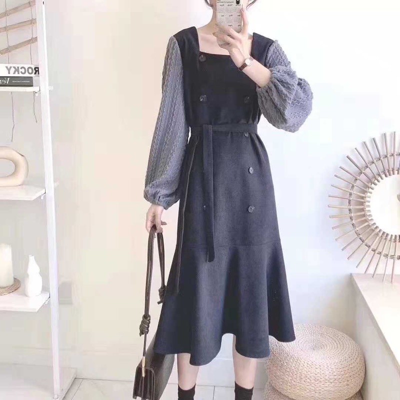 Đầm Nhung phối tay len retro, chiết eo dây đai đầm thu đông hàng loại 1 .Kèm ảnh thật video shop chụp thực tế . | BigBuy360 - bigbuy360.vn