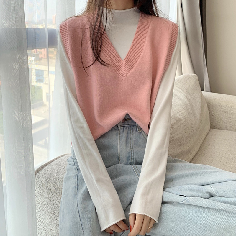 Áo sweater gile cổ trái tim bằng cotton mịn xinh xắn