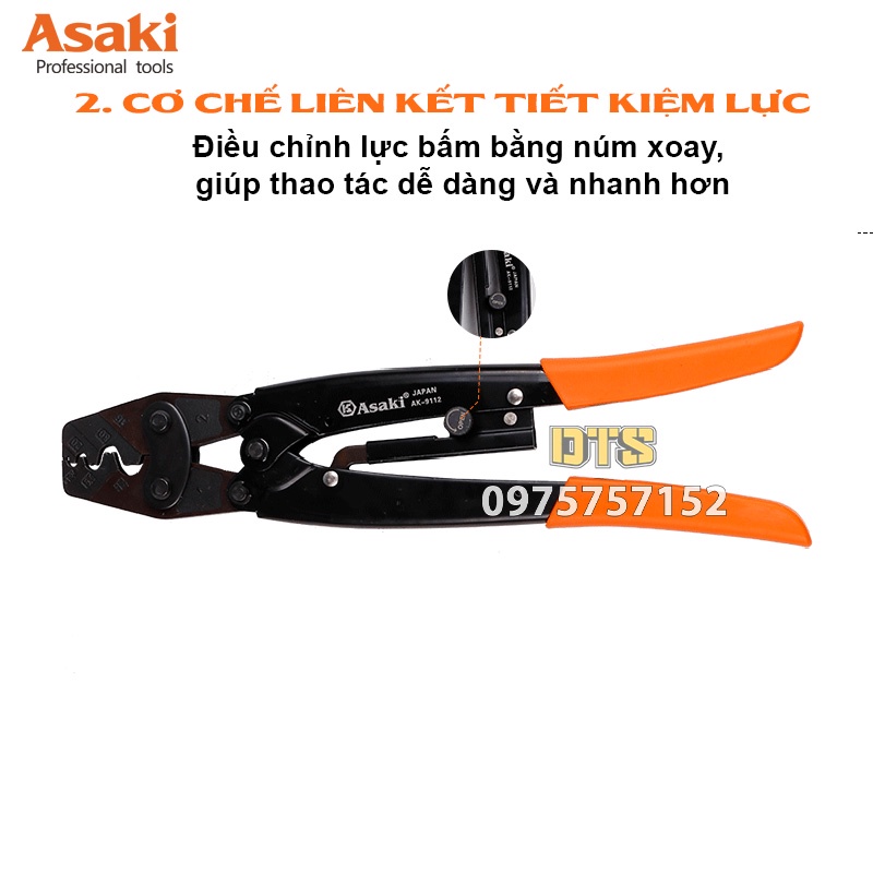 Kìm bấm cos trợ lực hãng Asaki JAPAN, kìm bấm đầu cos tròn cộng lực siêu khoẻ, siêu bền, độ chính xác cao (Kềm bấm cốt)