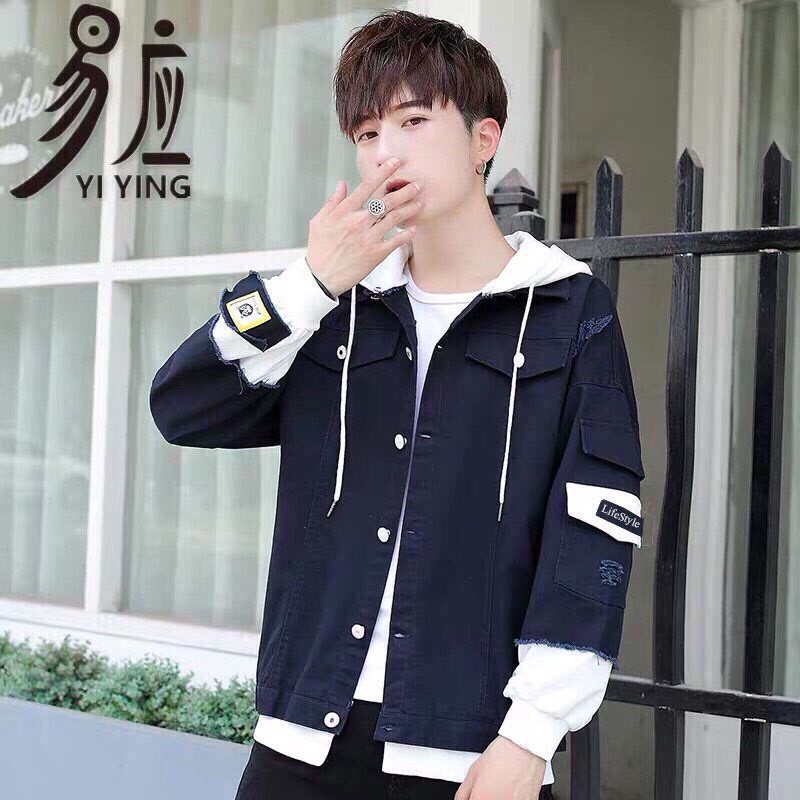 [CHUYÊN ÁO BÒ] Áo khoác jean nam tay nỉ phối mũ nỉ phong cách Trung Quốc, có túi trong và ngoài đẹp không tì vết