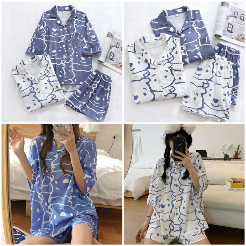 Bộ Ngủ Hình Gấu Siêu Dễ Thương Chất Liệu Cotton Mát Mẻ_Hàng quảng châu đẹp