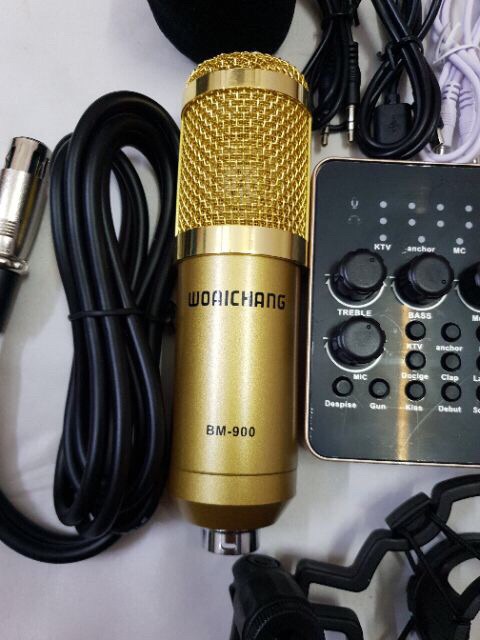 Combo bộ hát livestream thu âm mic BM900 + sound card V10 plus + kẹp bàn