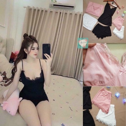 [Ảnh thật 100%] Set đồ ngủ ren Ôm Body sexy, Bộ Ngủ 2 Dây Chất liệu Len Tăm Mát Lạnh Cực Mềm