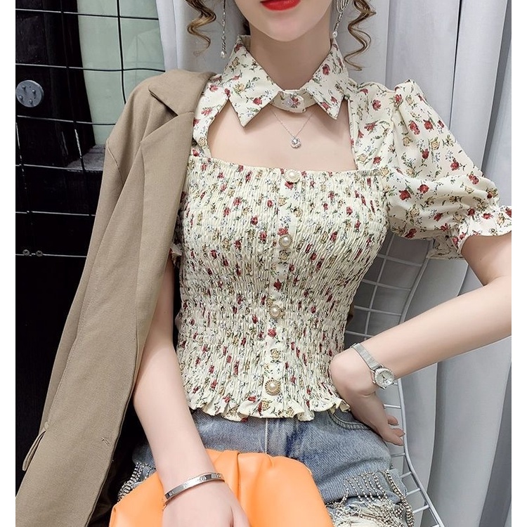 AMOI Áo Kiểu Tay Ngắn Cổ Vuông Chiết Eo In Họa Tiết Hoa Thời Trang 2022 Xinh Xắn Cho Nữ