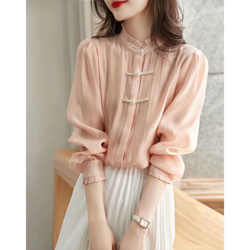 Áo Sơ Mi Tay Dài Cổ Đứng Đính Nút Ngọc Trai Phong Cách Trung Hoa
