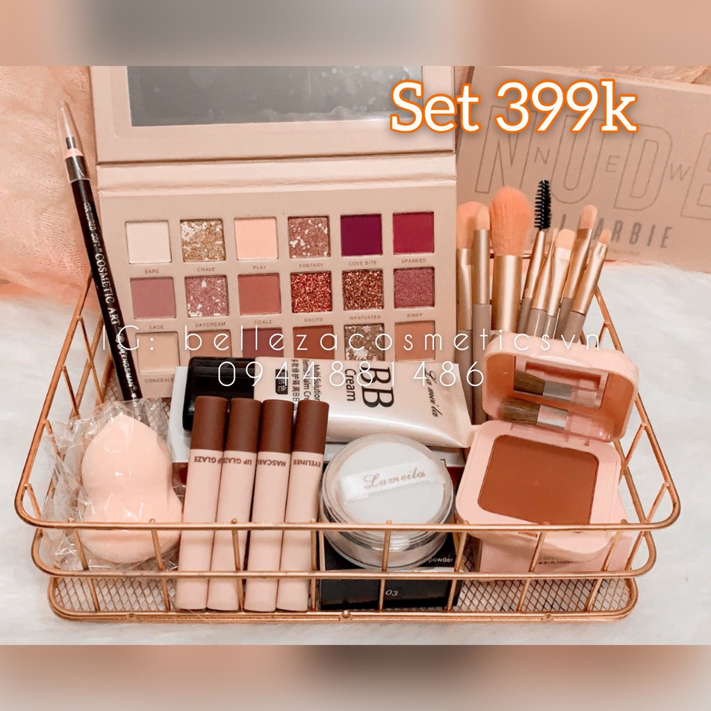 Combo makeup 399k 8 sản phẩm tone hồng cho người mới tập trang điểm