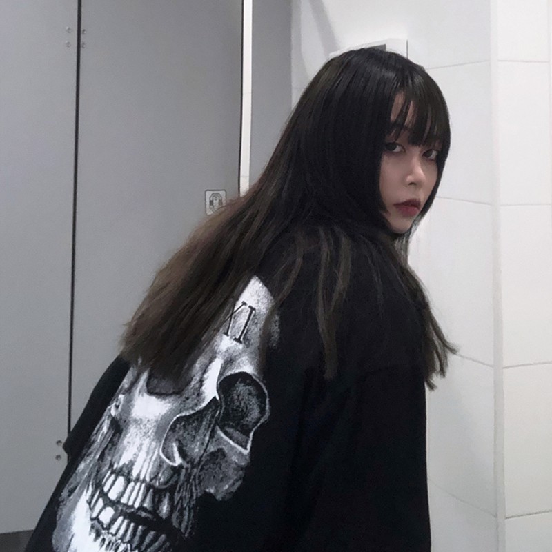 Áo Thun Ngắn Tay Unisex In Hình Đầu Lâu Phong Cách Harajuku