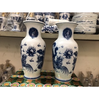 Lọ Hoa Lục Bình Thờ Men Lam Vẽ Rồng Bát Tràng (Lọ Hoa Thờ Giá 1 Lọ)