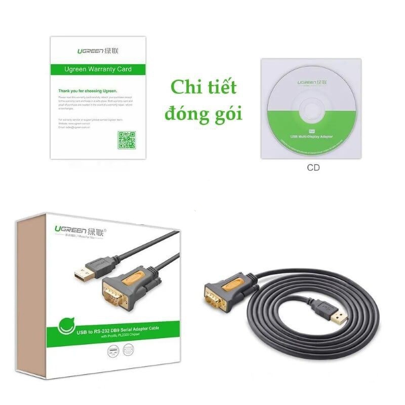 Cáp USB to Com RS232 DB9 Ugreen 20211 dài 1.5m - Hàng chính hãng