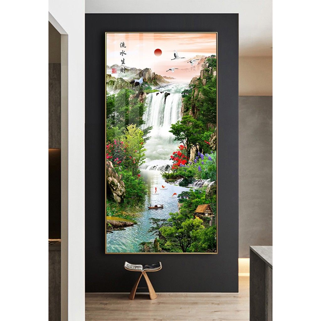 Tranh treo tường khổ dọc phong thủy thác nước sơn thủy bóng kiếng hoặc vải canvas ooopic_16503505