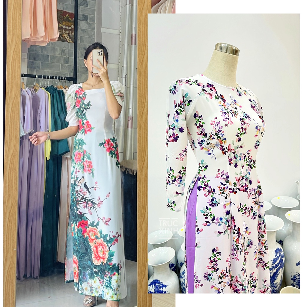 Áo dài lụa trắng in họa tiết hoa nhí lá nhí tím - Áo tay bồng tay phồng In hoa mẫu đơn