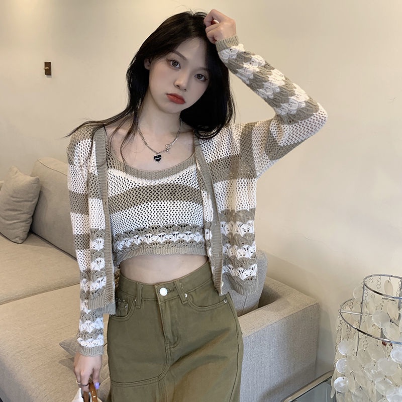 Set Áo Dây Dệt Kim Họa Tiết Kẻ Sọc Và Áo Khoác cardigan Thời Trang Nữ Tính